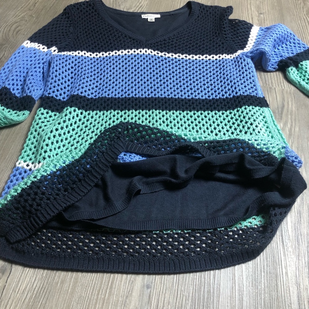 Croft & Barrow Open Knit Sweater Womens Medium Stripes Crochet Lined V Neck - Picture 4 of 11